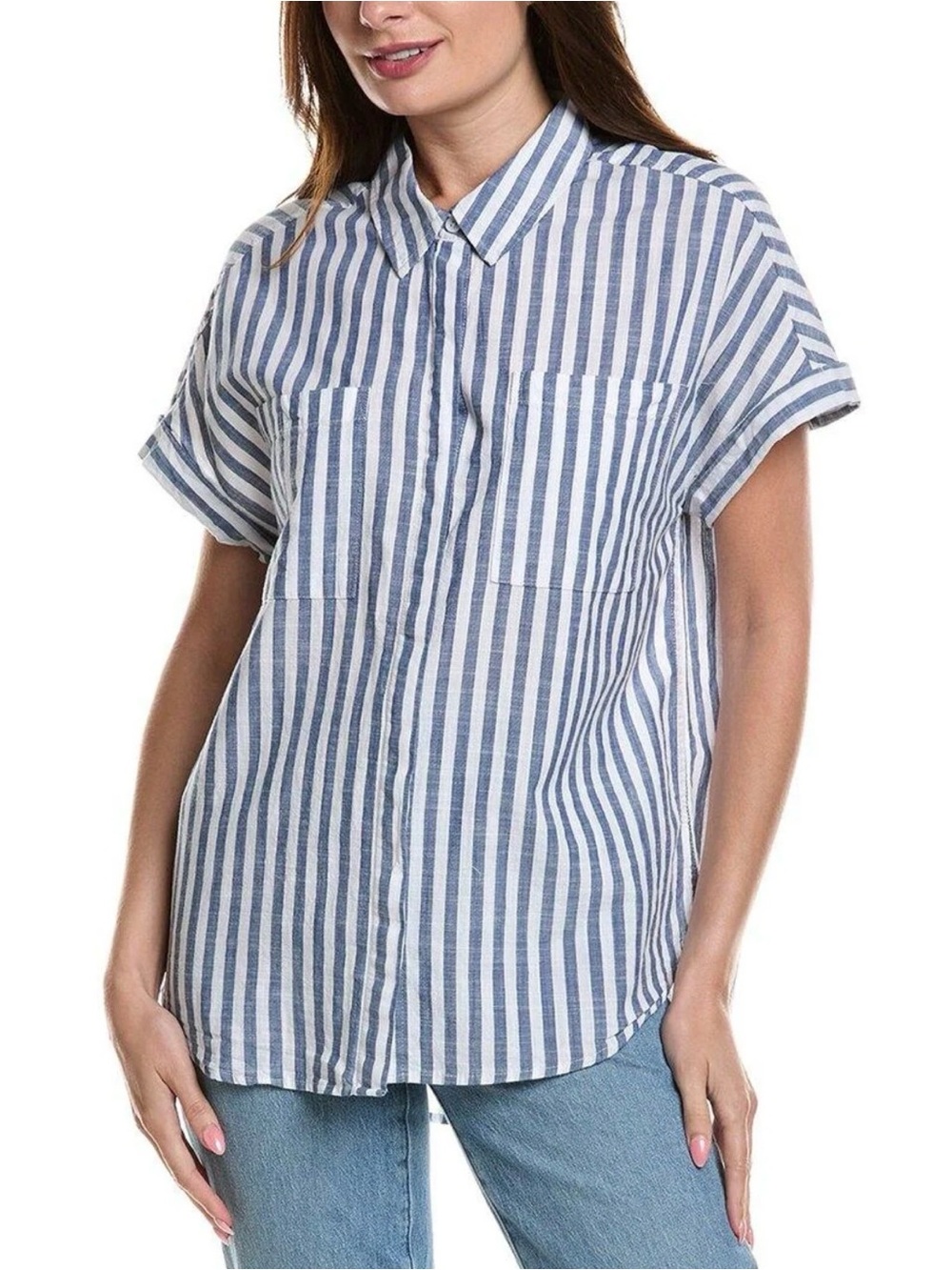 Lola River — NWOT Blue & White Striped Button-Up Shirt — Size M